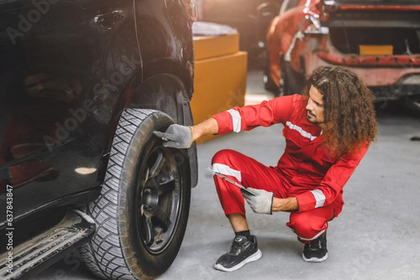 Obraz auto service male working in garage car workshop looking check repair broken tire with tablet computer