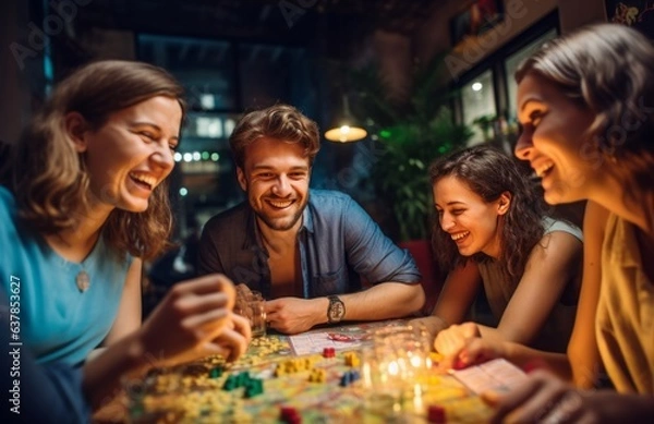 Fototapeta A group of friends in a great mood playing a board game