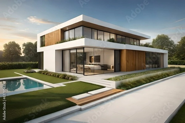 Fototapeta modern house with pool generated by AI