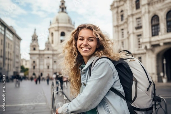 Fototapeta portrait cheerful tourist push a bike in eu metropolis background.