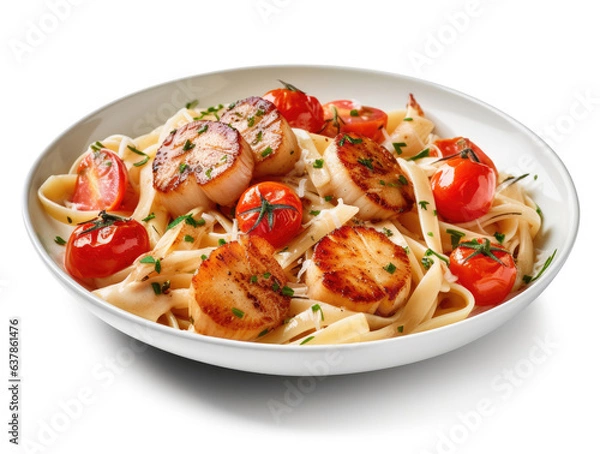 Obraz A plate of pasta with grilled scallops and tomatoes isolated on white background