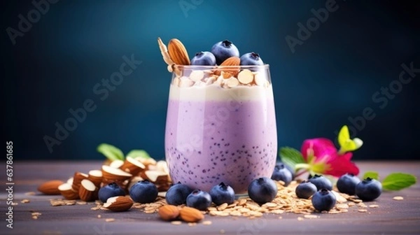 Obraz Blueberry Smoothie Bliss featuring creamy blend mixed berries,strawberries, raspberries, surrounded by blueberries, bananas, almond milk, yoghurt, mint leaves light studio, free copy space for text