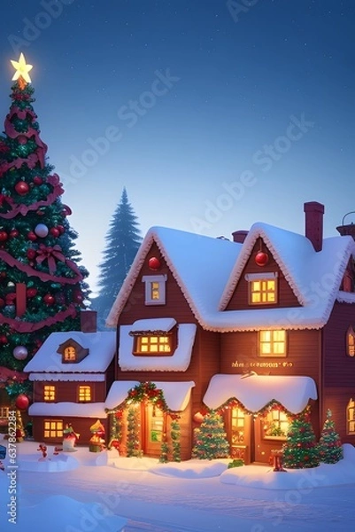 Obraz Illustration of Christmas village. A beautiful and magical winter city, straight out of a fairytale, with snow-covered rooftops. Happy new year. Winter landscape.
