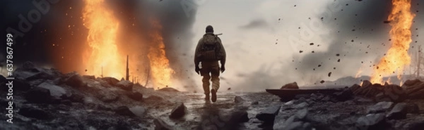 Fototapeta Soldier in full army uniform in a warfare environment, The combat zone, Carrying out its mission for the army, War concept