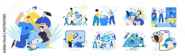 Fototapeta Memphis business illustration, company - modern outlined flat vector concept illustrations set, corporate Corporate Memphis style business metaphor