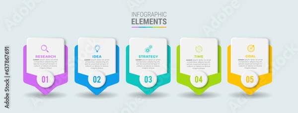 Fototapeta Concept with 5 steps in a row. Six colorful graphic elements. Timeline design for flyers, presentations. Infographic design layout