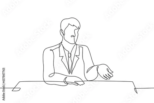 Obraz man in a suit sits at a table with outstretched hand - one line art vector. the concept of a startup looking for investment, an official requires a bribe