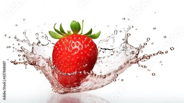Fototapeta Strawberry with water splash on white background, Generative AI