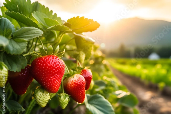 Obraz close up strawberry in the garden. field of strawberries at sunrise background.
