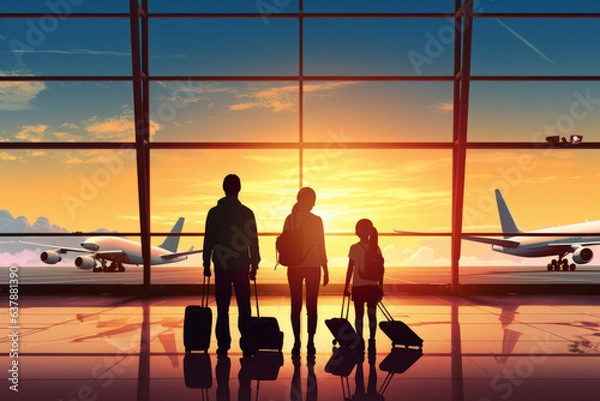 Fototapeta Family travel, showcasing silhouette figures of family members inside an airport terminal. .