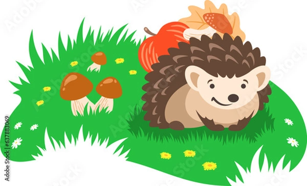Obraz Cute little hedgehog sitting on green forest lawn. Cartoon banner. Smiling hedgehog carries an apple, a mushroom and an autumn leaf on its back. Adorable vector illustration for kids