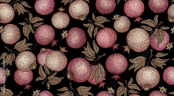 Fototapeta Pomegranate pattern. Pomegranate plant branch with fruits. Vintage Pomegranates illustration. Hand drawn ink style fruit background. Pomegranate tree, ripe fruit. Rosh hashanah print. Textile, fabric 