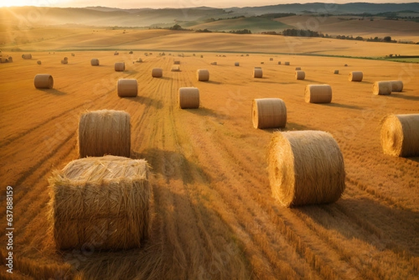 Fototapeta Aerial view of hay bales in summer.