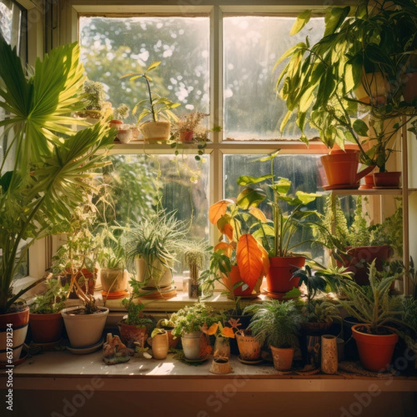 Fototapeta green houseplants on window sill in old house, Generative AI