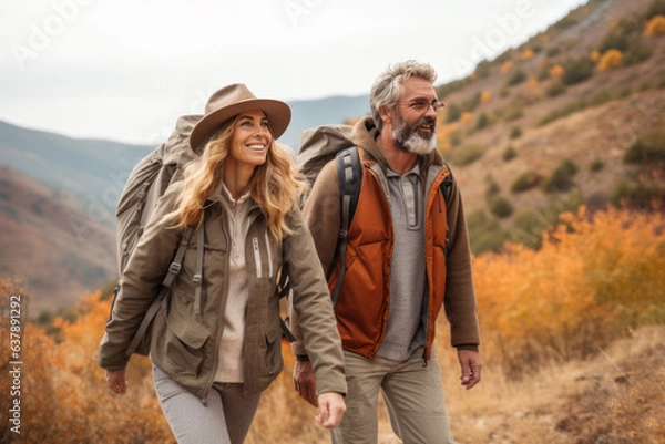 Fototapeta active mature caucasian couple hiking travelling in mountains with backpack, Generative AI