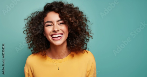 Fototapeta Smiling Attractive Woman Standing Against a Solid Color Background - AI Generated