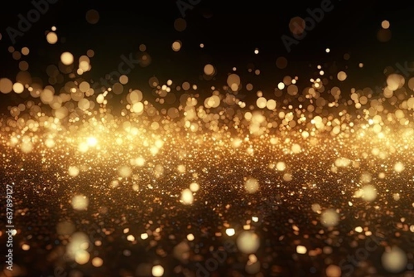 Fototapeta Gold bokeh light background, Christmas glowing bokeh confetti and sparkle texture overlay for your design. Sparkling gold dust abstract golden luxury decoration background.