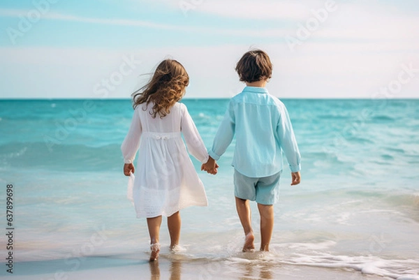 Fototapeta 穏やかな海辺での家族旅行：手をつなぐ兄妹