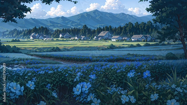 Fototapeta Country house at Nature. Flower field. Clear Sunny day, Sky with Movie Atmosphere and Wonderful Cloud, Beautiful Colorful Landscape, Anime Comic Style Art. For Poster, Novel, UI, WEB, Game, Design