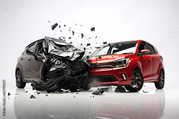 Obraz two Cars accident violently facing each other, on isolated white background Generative ai