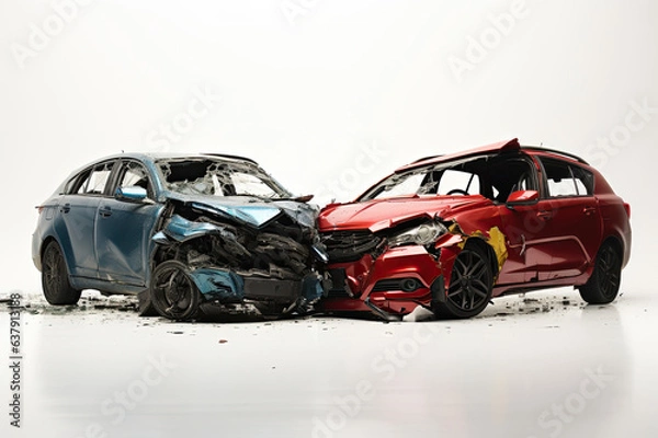 Obraz two Cars accident violently facing each other, on isolated white background Generative ai