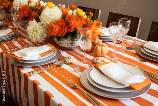 Fototapeta A beautifully set table with vibrant orange and crisp white plates and place settings