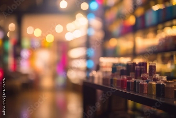 Fototapeta Blurred image of a colorful store filled with a wide variety of paint bottles