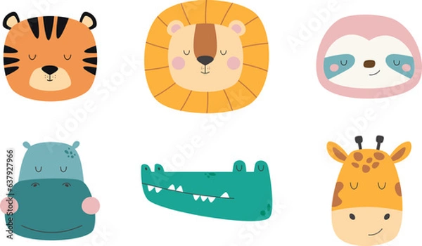 Fototapeta Cute wild safari jungle animals. Tiger, lion, sloth, hippo, crocodile, giraffe. Cute vector animal faces
