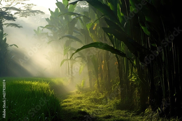Fototapeta A misty jungle tall, green banana trees on the right side. The trees have large, broad leaves and are densely packed together