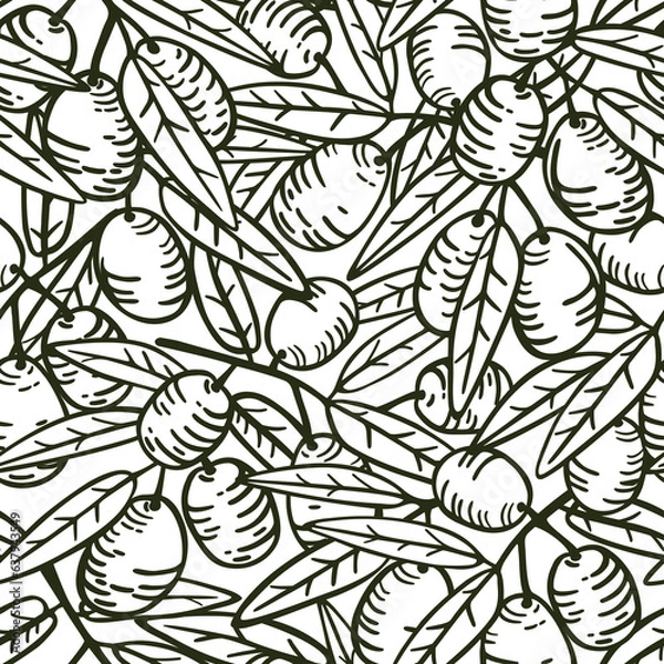 Obraz Olive fruits and leaves on branches. Vector seamless linear hand drawn pattern.