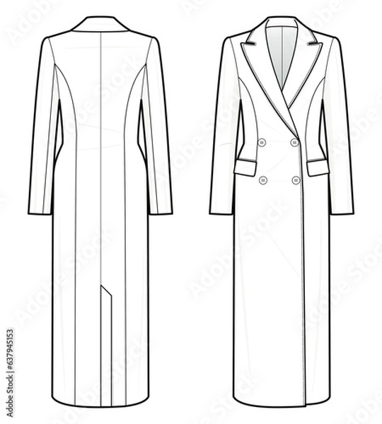 Fototapeta Classic Double-Breasted coat fashion flat technical drawing template. Double-Breasted coat vector template illustration. front and back view. white colour. CAD mockup.