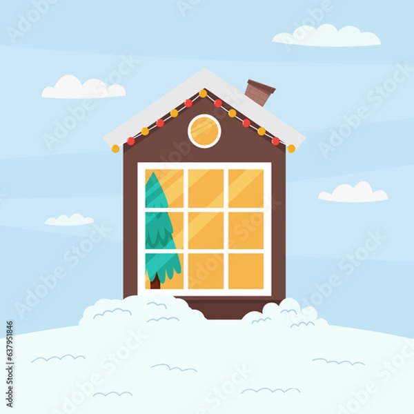 Obraz Christmas house with a large window covered with snow.