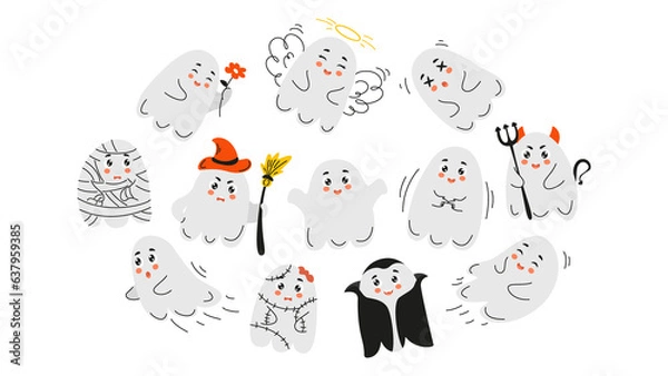 Fototapeta set of cute ghosts, doodle halloween, ghost, cute ghost, doodle ghost, halloween ghost