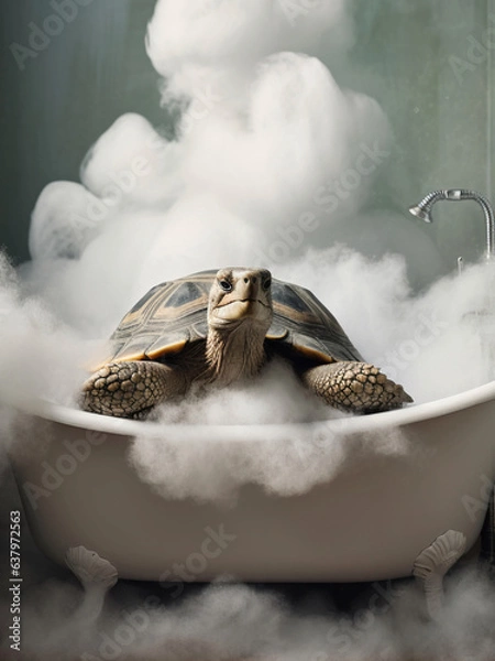 Obraz turtle in Bath, turtle bathing in the bathtub, funny animal, bathroom Interior safari poster, generative ai	