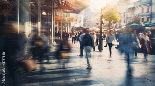 Fototapeta abstract modern speed of life of people, auto, blur of urban buildings in the city