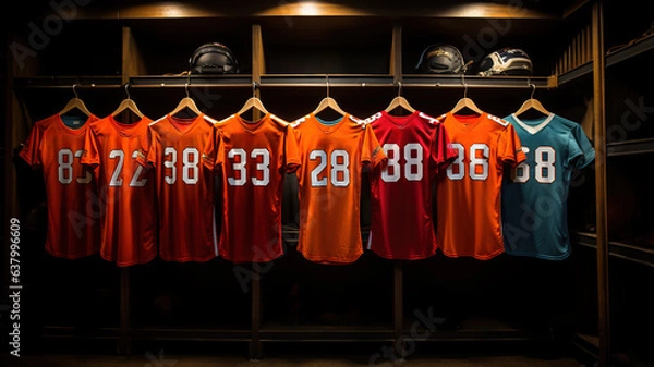Fototapeta Sports T-shirts with Numbers Hanging, Await Athletes in Football Locker Room, Ready for Action Game and Team Unity in Sports. Colorful Sport jersey hanging on rack, soccer uniform kit