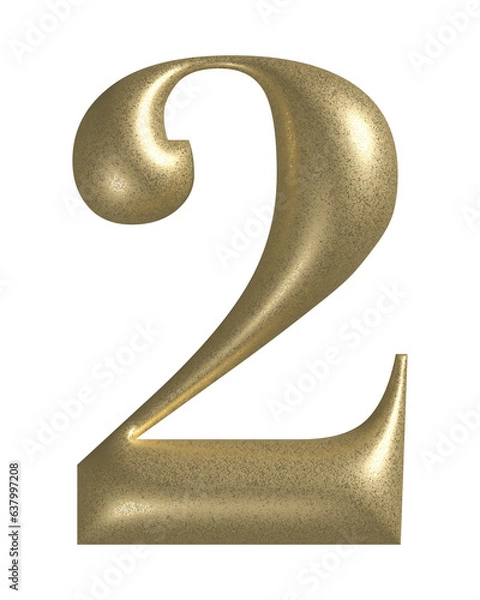 Obraz 3d number 2 with realistic golden texture. Metal, inflate, luxury number two serif font, isolated on transparent background.