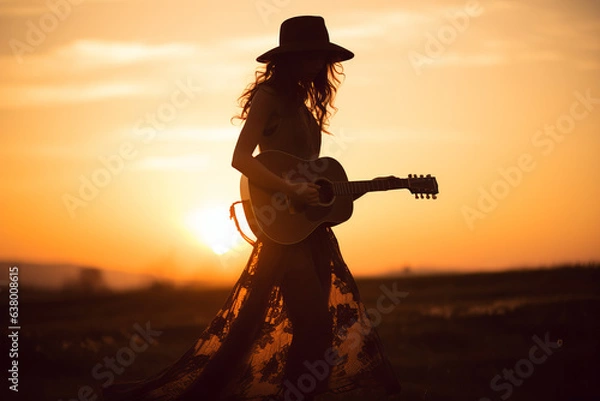 Obraz silhouette of a girl with a guitar on the background of a sunset in a field. young hippie woman in a hat.