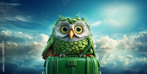 Obraz owl on sky a green owl like duolingo fly with baggage in sky HD wallpaper