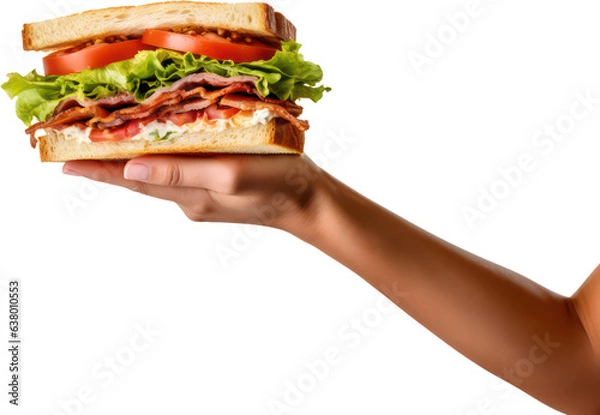 Fototapeta Hand holding delicious BLT Sandwich, bacon, lettuce, tomato, subway, PNG, Transparent, isolate.