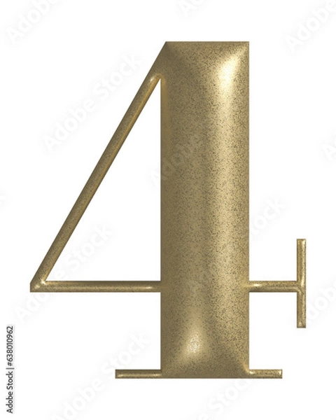 Obraz 3d number 4 with realistic golden texture. Metal, inflate, luxury number four serif font, isolated on transparent background.