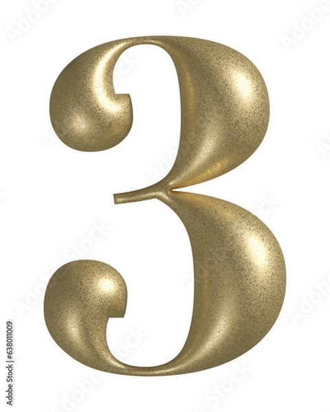 Fototapeta 3d number 3 with realistic golden texture. Metal, inflate, luxury number three serif font, isolated on transparent background.