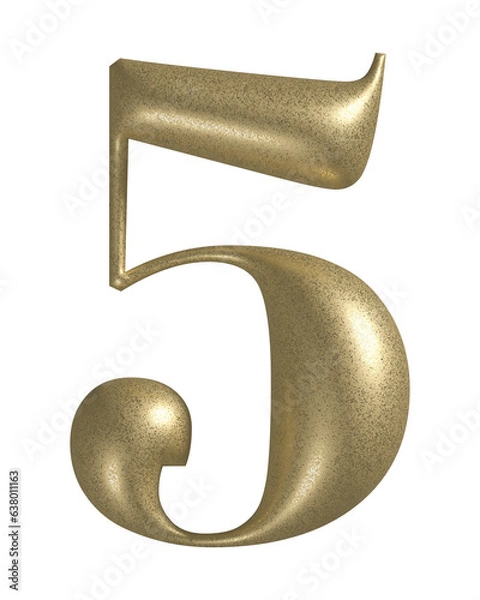 Obraz 3d number 5 with realistic golden texture. Metal, inflate, luxury number five serif font, isolated on transparent background.