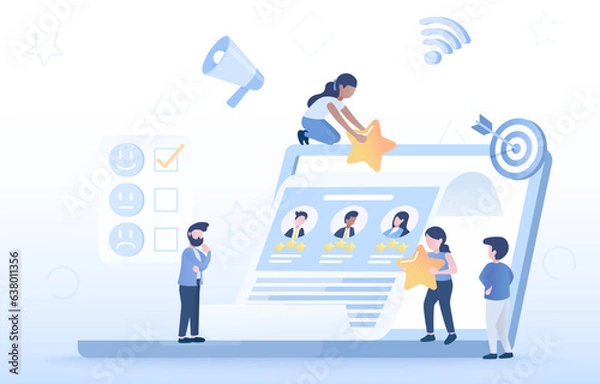 Fototapeta Customer satisfaction, reaction, feedback, comment to improve and increase customer loyalty. Rating and feedback review for positive improvement. Flat vector design illustration.