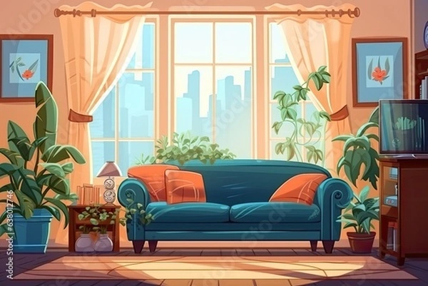 Fototapeta The inside of a living room. a comfortable sofa, a window, and a television a seat and houseplants. flat cartoon image formatted