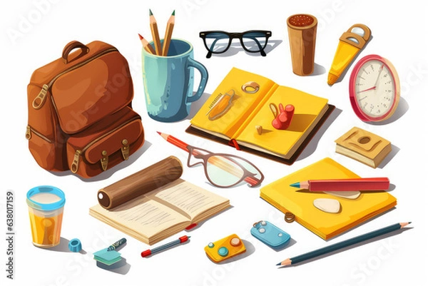 Fototapeta Back to school pictures, stickers for learning, globes, books. Generative AI.