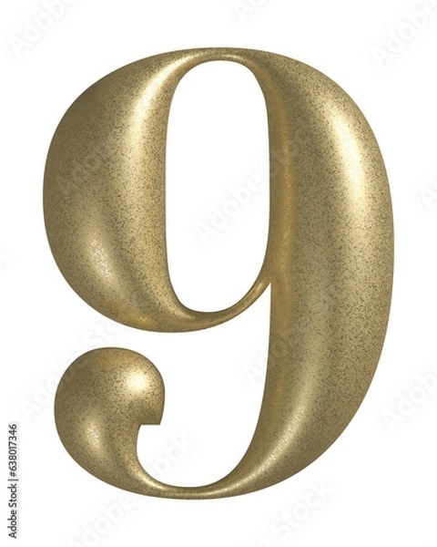 Fototapeta 3d number 9 with realistic golden texture. Metal, inflate, luxury number nine serif font, isolated on transparent background.
