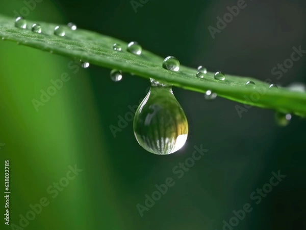 Fototapeta Dewdrop hangs from the tip of a green leaf