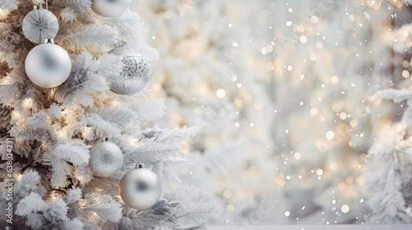 Fototapeta An elegant display of white and silver decorations, snowflake ornaments, and a beautifully lit Christmas tree. The top view and negative copy space make this ideal for your festive text  Generative ai