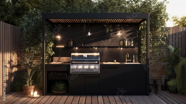 Fototapeta Scandinavian design, of a black simple outdoor kitchen with vegetation, black panel, outdoor lighting, grill, the image is seen from the front, soft golden hour. Generative AI
